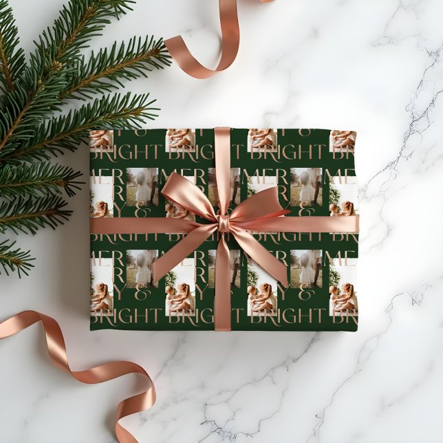 Papier Cadeau Moderne Merry Bright Gras Typographie 2 Photo Vert (Modern Merry Bright Bold Typography 2 Photo White Wrapping Paper)