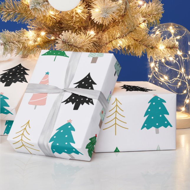 Papier Cadeau Moderne mignon arbres de Noël motif blanc vert (Vacances)