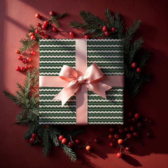 Papier Cadeau Moderne minimal rétro Wavy Vert & Rose Bande (Modern Minimal Retro Wavy Green & Pink Stripe Wrapping Paper)