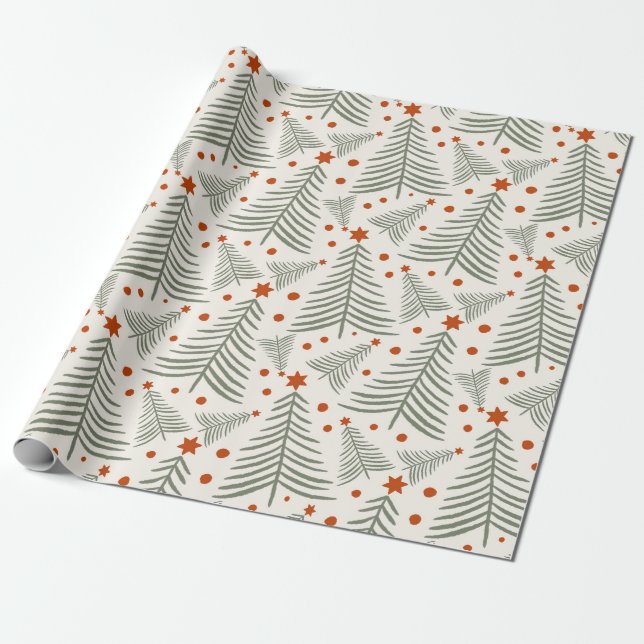 Papier Cadeau Moderne motif d'arbre vert persistante Noël (Déroulé)