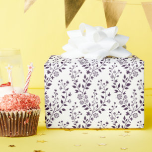 Papier Cadeau Moderne motif floral bohème prune blanc