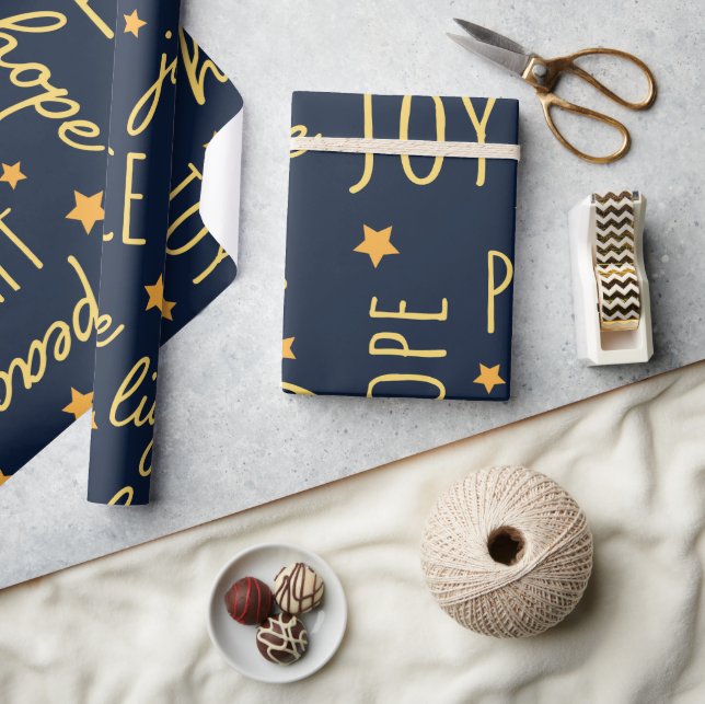 Papier Cadeau Moderne Navy & Or Noël Script (Artisanat)