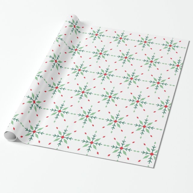 Papier Cadeau Moderne Noël flocon de neige géométrique vert (Déroulé)