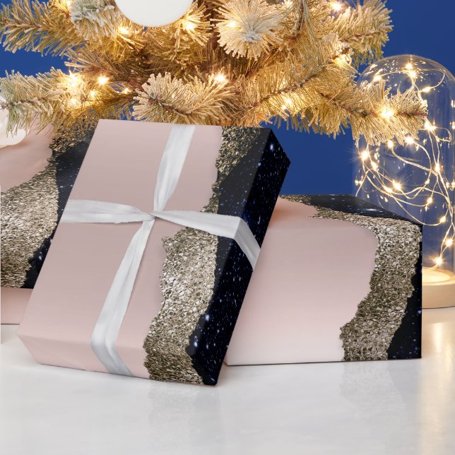 Papier Cadeau Moderne Or Rose Pailleté Noir (Vacances)