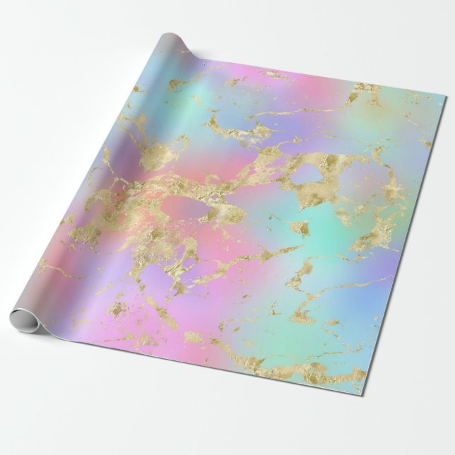 Papier Cadeau Moderne Rainbow dégradent et Motif en marbre d'or (Déroulé)
