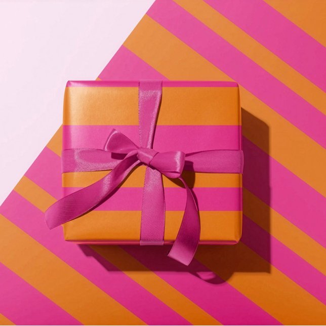 Papier Cadeau Moderne Rayure Large de Cabane Rose Chaud et Orang (Créateur téléchargé)