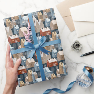Papier Cadeau Moderne Scandi Hiver Maisons Motif Bleu Rouge