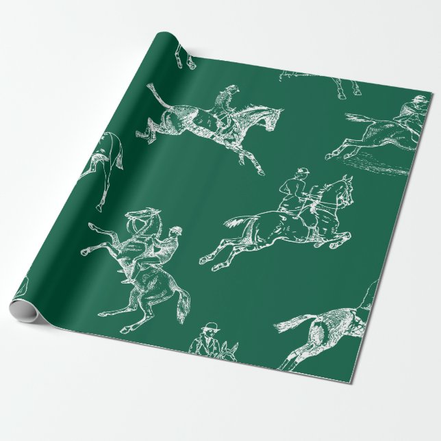 Papier Cadeau Moderne Style Vert Blanc Horseback Toile (Déroulé)