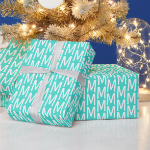 Papier Cadeau Moderne turquoise blanc personnalisé monogramme in