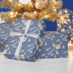 Papier Cadeau Moineau de neige d'hiver en aquarelle bleue