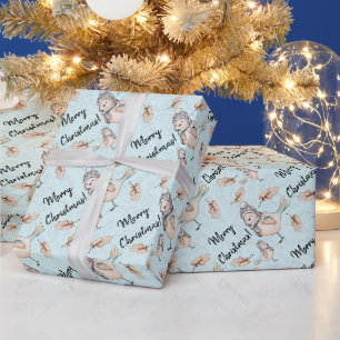 Papier Cadeau Moineau des neiges d'hiver dans l'aquarelle bleue
