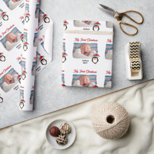 Papier Cadeau Mon premier Noël Photo personnalisée de pingouin m