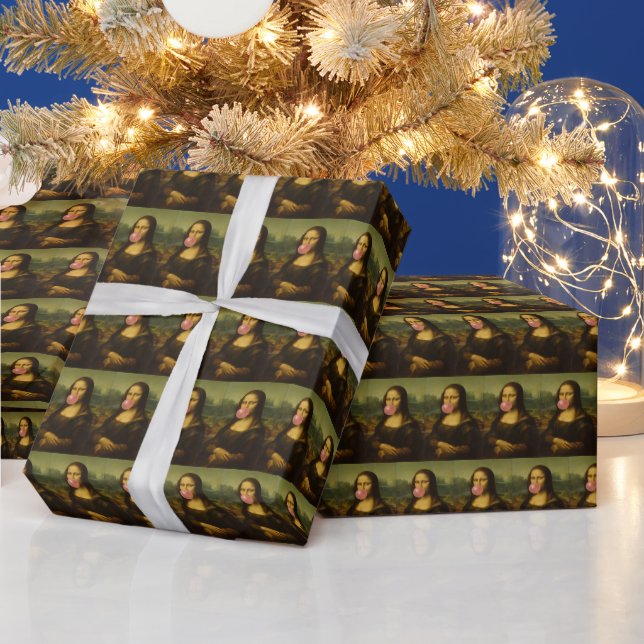 Papier Cadeau Mona Lisa soufflant de bulle rose (Vacances)