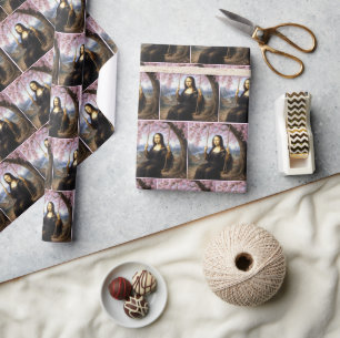 Papier Cadeau Mona Lisa sur une balançoire sous des fleurs de ce