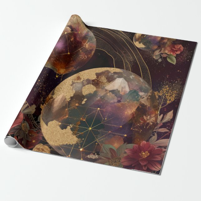 Papier Cadeau Monde de cristal céleste Galaxie dorée pourpre (Déroulé)