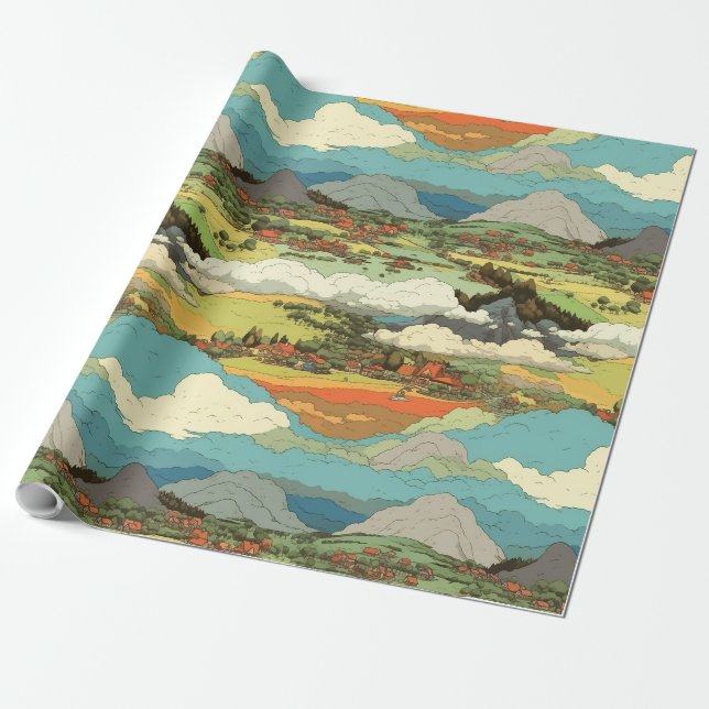 Papier Cadeau Monde Ghibli - Nuages et Montagnes Enveloppement P (Déroulé)