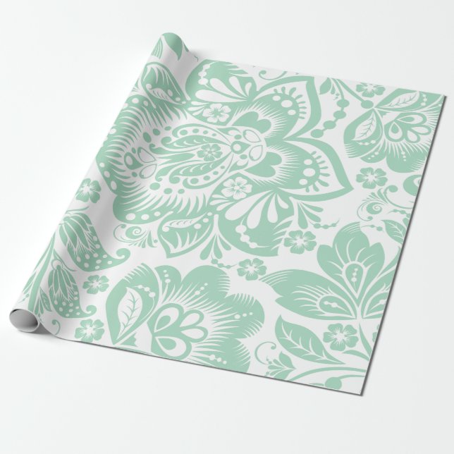 Papier Cadeau Monnaie Vert Baroque Fleurs Damas Sur Blanc No 2 (Déroulé)