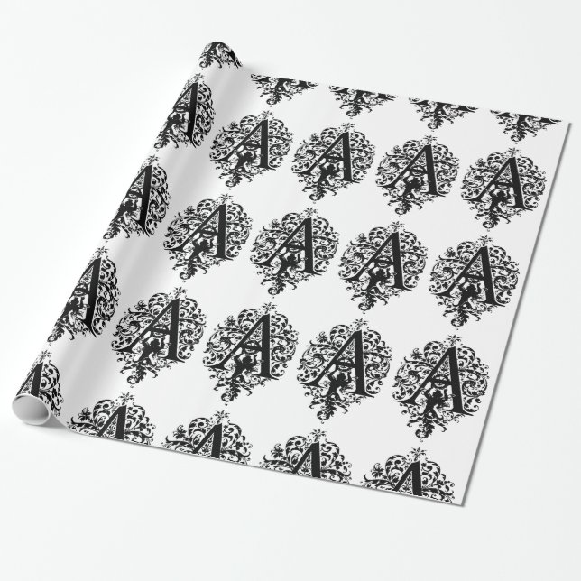 Papier Cadeau Monogramme A Modèle floral noir et blanc initial (Déroulé)