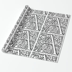 Papier Cadeau Monogramme A Modèle floral noir et blanc initial