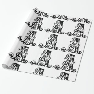 Papier Cadeau Monogramme A Modèle floral noir et blanc initial
