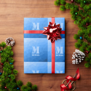 Papier Cadeau Monogramme à motif de maille géométrique bleu clai