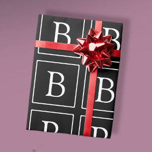 Papier Cadeau Monogramme Classique Simple Noir avec Texte Blan