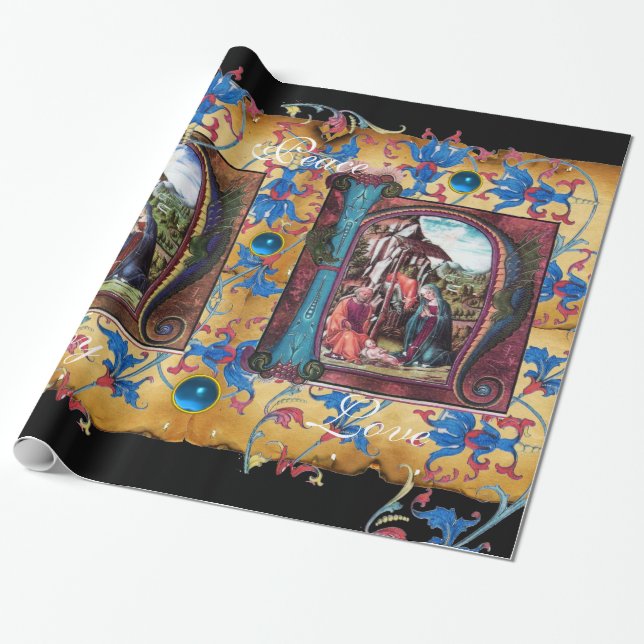 PAPIER CADEAU MONOGRAMME DE LA NATIVITÉ PARCHEMENT FLORAL DE NOË (Déroulé)