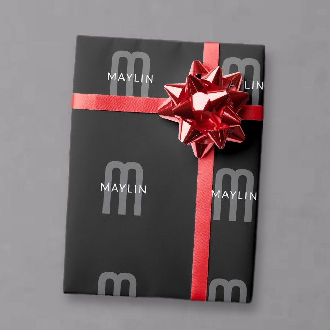 Papier Cadeau Monogramme de nom moderne | Noir Gris Blanc (Créateur téléchargé)