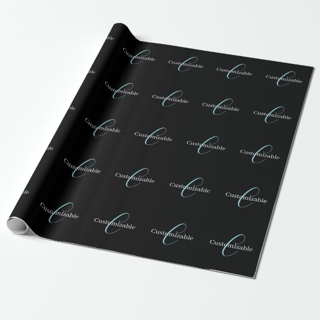 Papier Cadeau Monogramme de script cursif éditable Noir Bleu Bla (Déroulé)