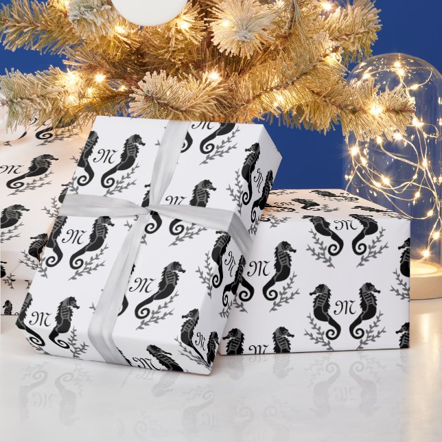 Papier Cadeau Monogramme de silhouette de cheval de mer noir (Vacances)