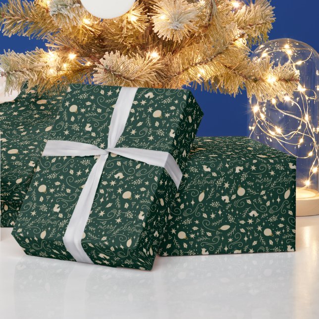 Papier Cadeau Monogramme d'élément de Noël vert et beige élégant (Vacances)