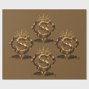 Papier Cadeau Monogramme Diamant Couronne Lettre Dorée S de Luxe