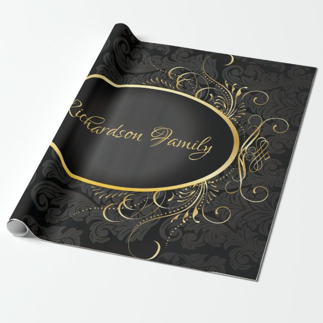 Papier Cadeau Monogramme d'or noir Classy Royal Style Enveloppem (Déroulé)