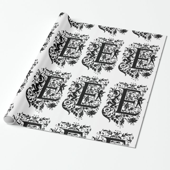 Papier Cadeau Monogramme E Motif initial noir et blanc cupide (Déroulé)