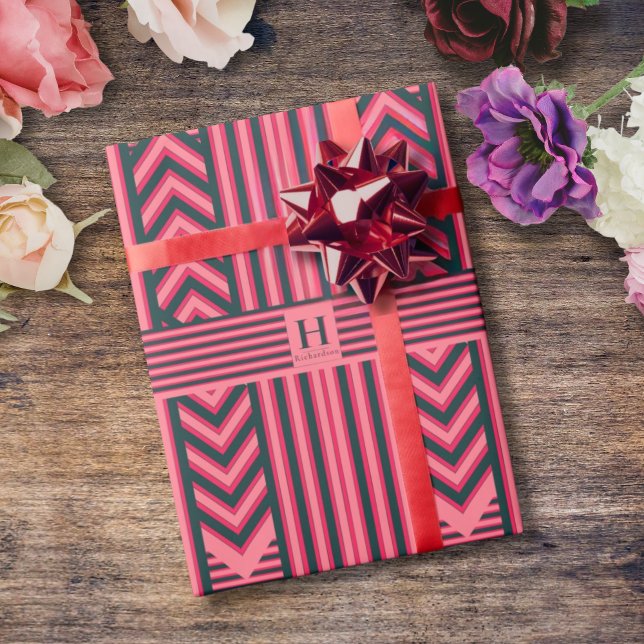 Papier Cadeau Monogramme élégant et modifiable à rayures roses d (Créateur téléchargé)