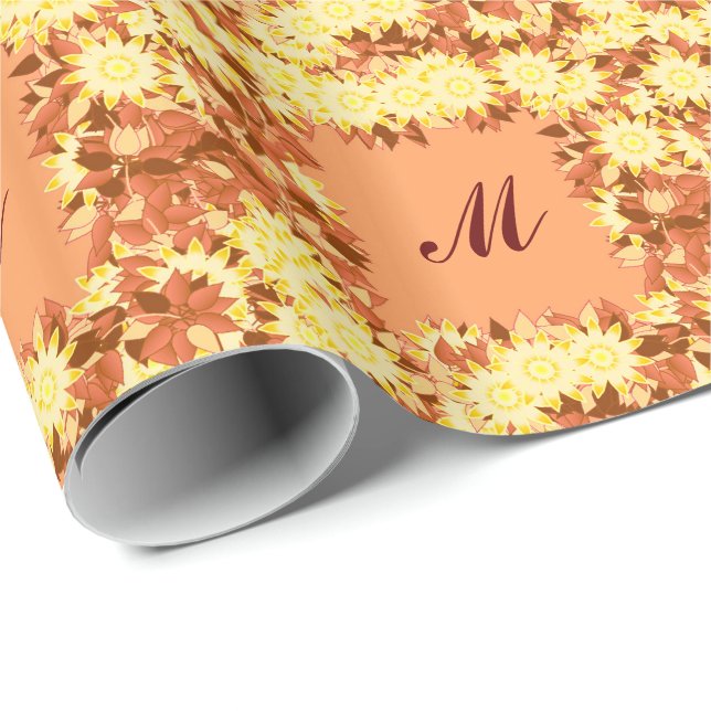 Papier Cadeau Monogramme encadré de fleurs - cacao et jaune (Coin rond)