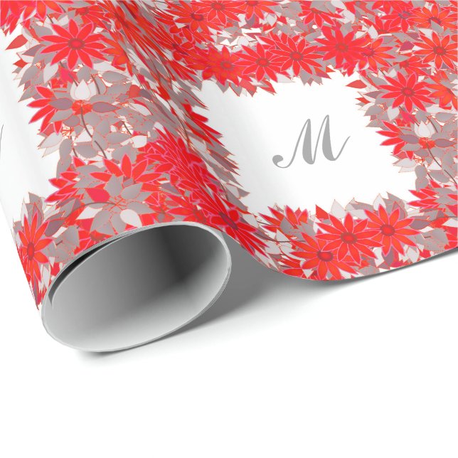 Papier Cadeau Monogramme encadré de fleurs - rouge et gris (Coin rond)