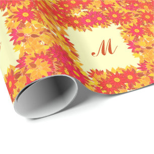 Papier Cadeau Monogramme encadré de fleurs - rouge et or