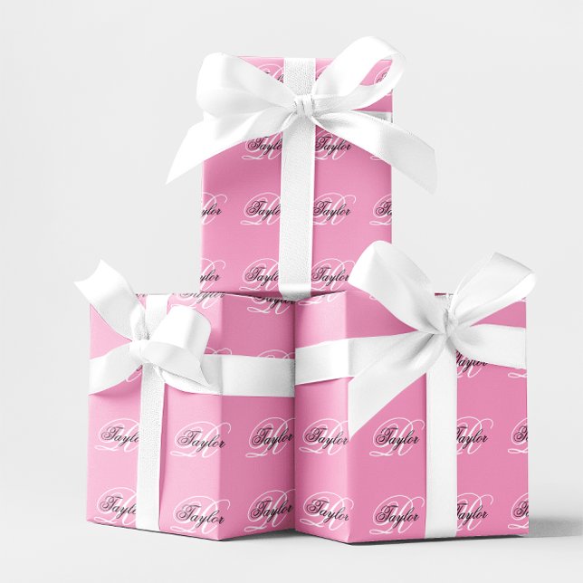 Papier Cadeau Monogramme fantaisie noir et blanc Rose (Black and White Fancy Monogram Pink Wrapping Paper)