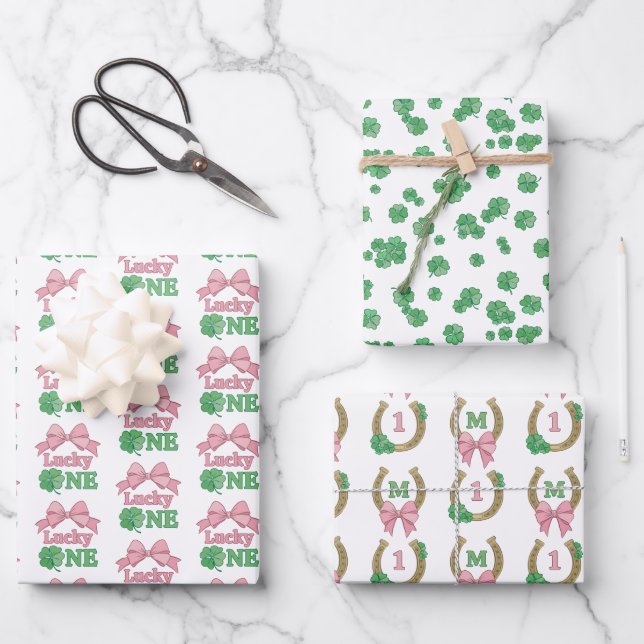 Papier cadeau Monogramme Fille Chanceuse 1er Anniv (Recto)