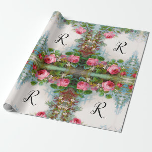 PAPIER CADEAU MONOGRAMME FLORAL ROSES ET JASMIN