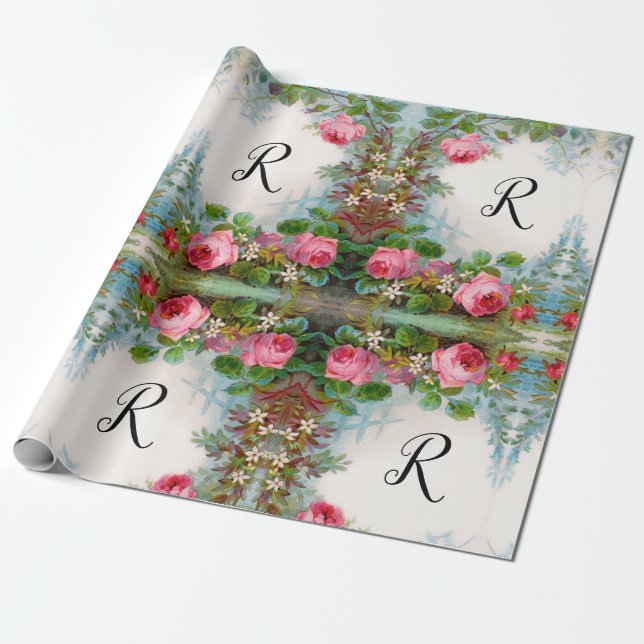PAPIER CADEAU MONOGRAMME FLORAL ROSES ET JASMIN (Déroulé)