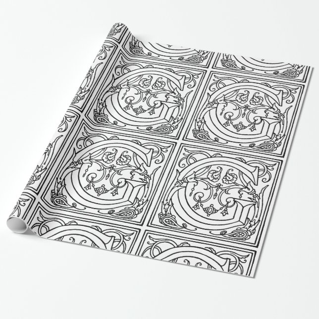 Papier Cadeau Monogramme G Modèle floral noir et blanc initial (Déroulé)