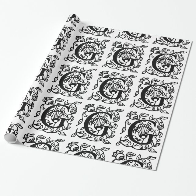 Papier Cadeau Monogramme G Modèle floral noir et blanc initial (Déroulé)