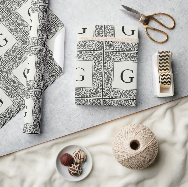 Papier Cadeau Monogramme géométrique et crème noire (Artisanat)
