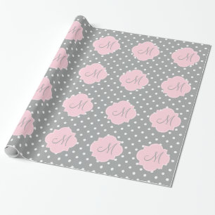 Papier Cadeau Monogramme Gris, Blanc et Pastel Pink Polka Dot