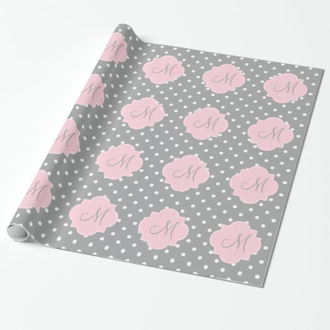 Papier Cadeau Monogramme Gris, Blanc et Pastel Pink Polka Dot (Déroulé)
