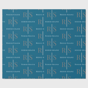 Papier Cadeau Monogramme Gris Élégant & Nom Blanc, Bleu