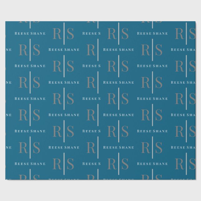 Papier Cadeau Monogramme Gris Élégant & Nom Blanc, Bleu (Couture)