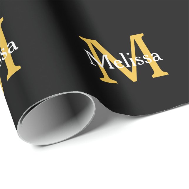 Papier Cadeau Monogramme Initial Nom Or Blanc Noir Personnalisé (Coin rond)